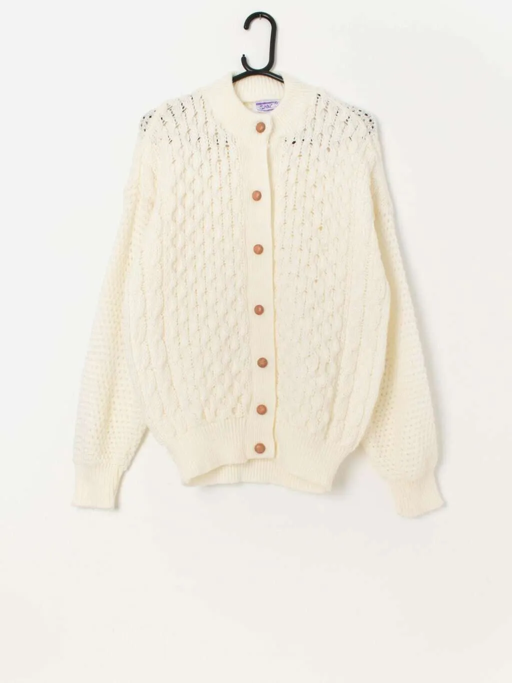 80s vintage cable knit cardigan by Snap, made in England – Medium / Large