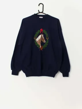 90s vintage horse embroidered navy sweatshirt – Medium