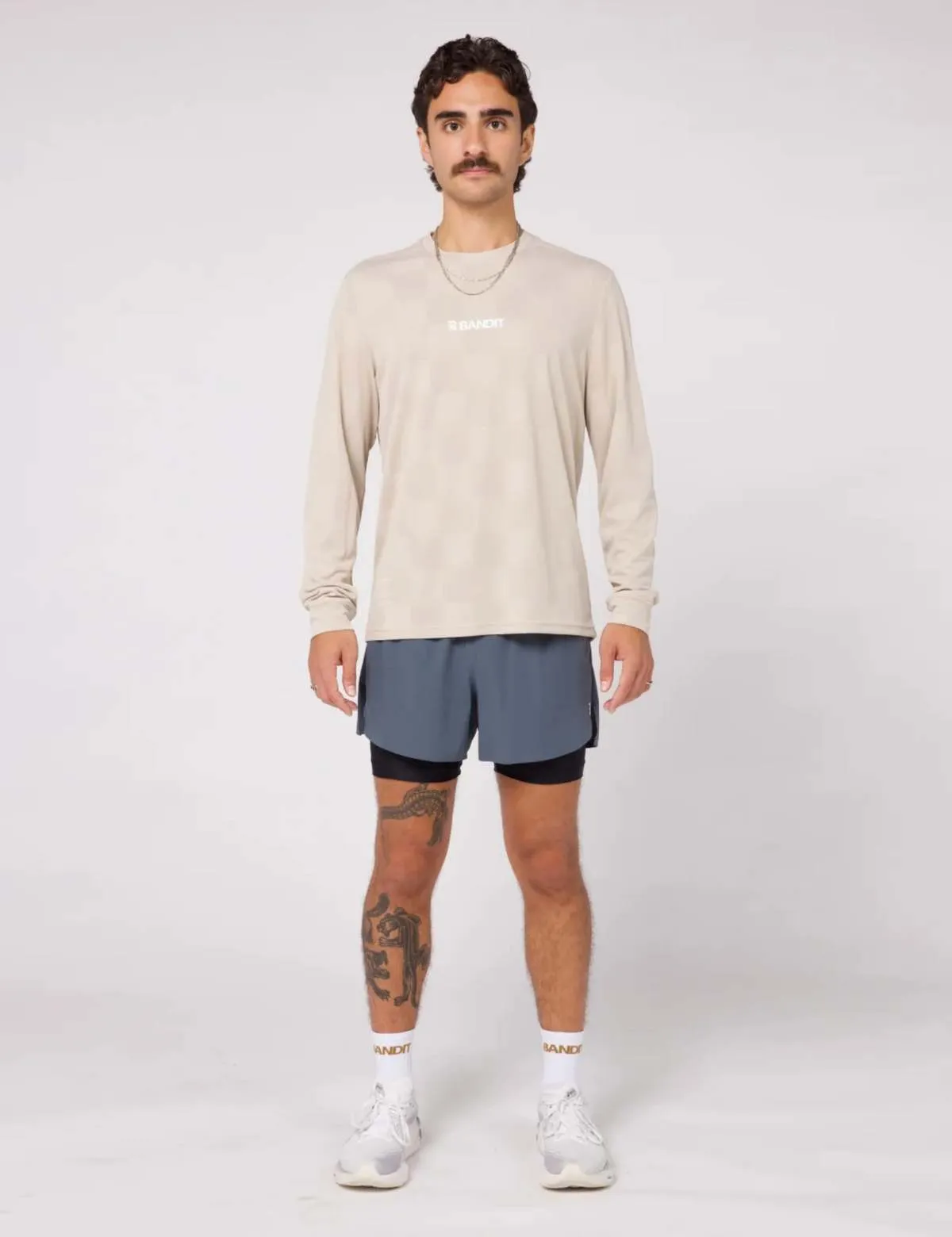 Bandit Cheque Jacquard Long Sleeve Tee - Stone