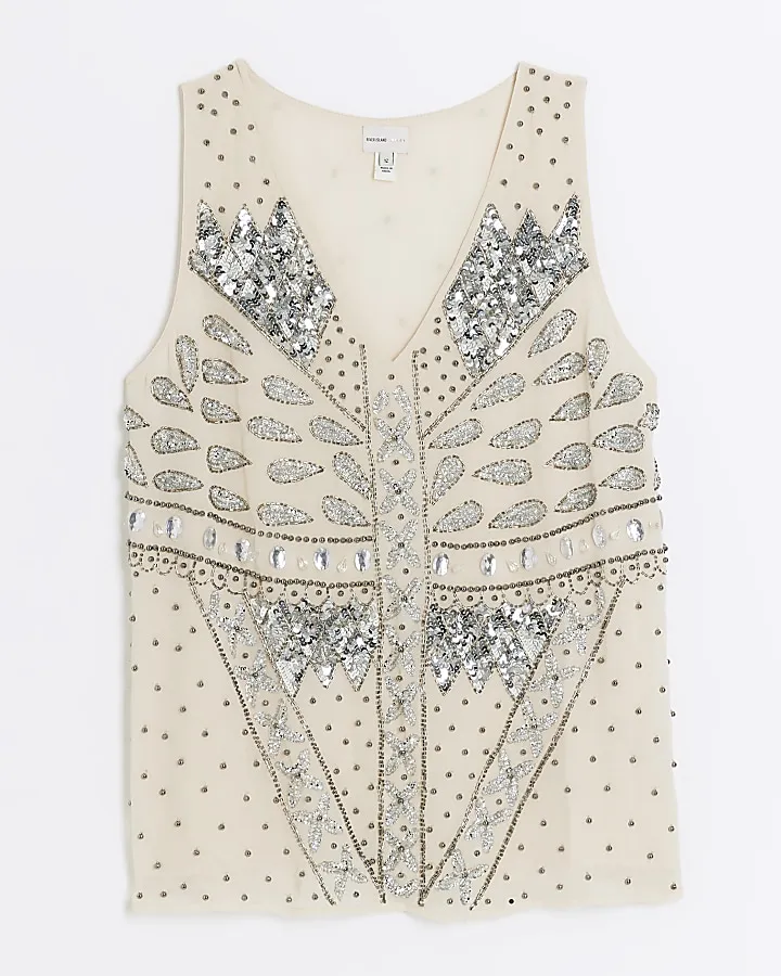 Beige embellished tank top