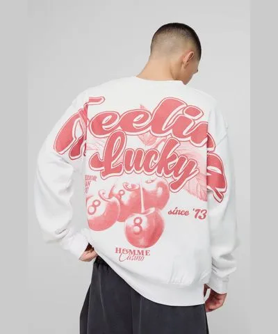 boohoo Mens Oversized Feeling Lucky Cherry Graphic Sweatshirt