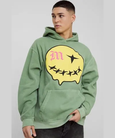 boohoo Mens Oversized Puff Print Smiley Graphic Washed Hoodie