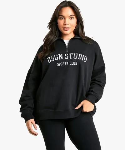 boohoo Womens Plus Dsgn Studio Applique Oversized Half Zip Sweatshirt