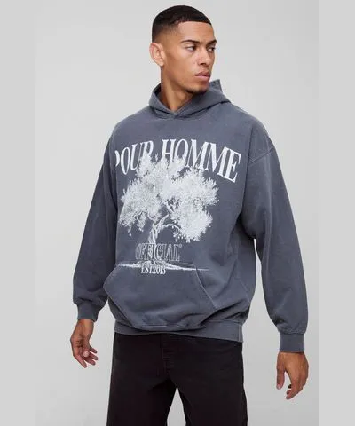 boohooMAN Mens Oversized Pour Homme Tree Graphic Washed Hoodie