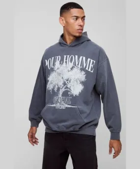 boohooMAN Mens Oversized Pour Homme Tree Graphic Washed Hoodie