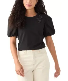 CeCe Women's Petite Short Puff Sleeve Mixed Media Top
