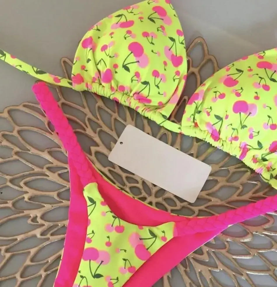 Cherry Thong bikini Yellow and Pink