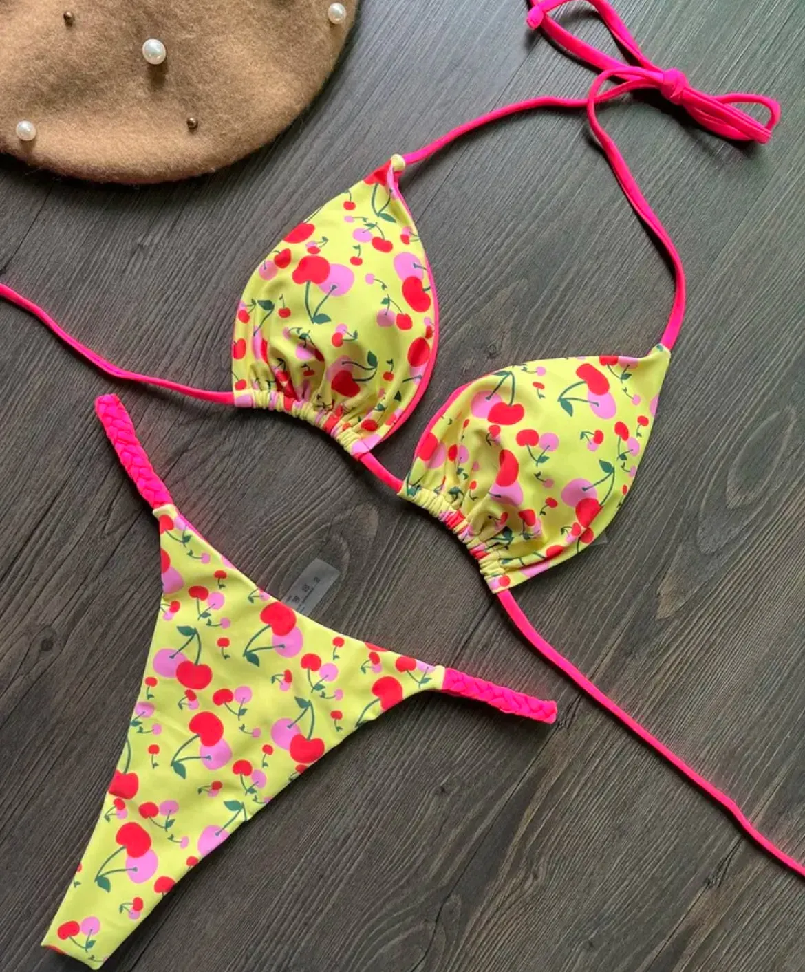 Cherry Thong bikini Yellow and Pink