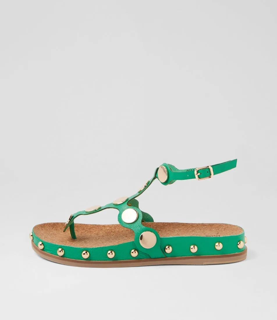 DJANGO & JULIETTE Qellon Bright Emerald Gold Leather Sandals