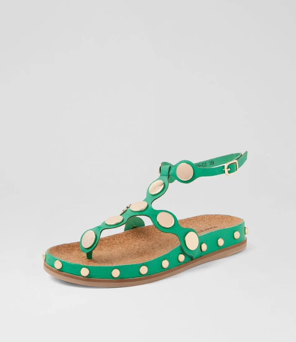 DJANGO & JULIETTE Qellon Bright Emerald Gold Leather Sandals