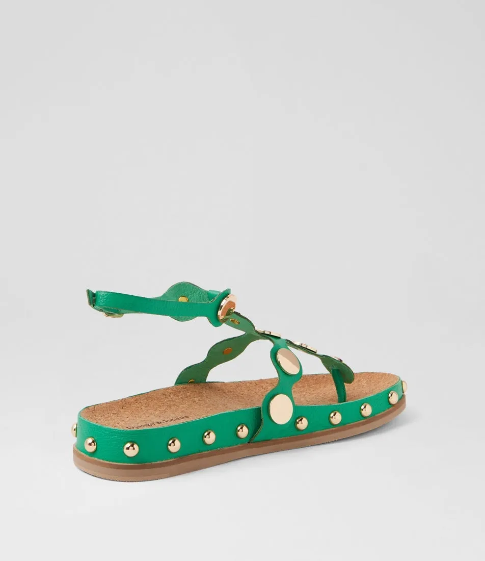 DJANGO & JULIETTE Qellon Bright Emerald Gold Leather Sandals