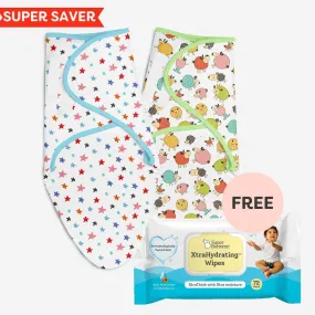 Dry Feel Swaddle Wrap (Ba Ba Sheep and Starry Skies) and FREE XtraHydrating Wipes - 72 pack