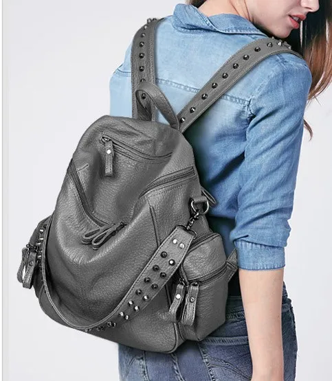 Grey Blunt Studs Soft Lambskin Vintage School Punk Rock Hobo Bag Rider Backpack