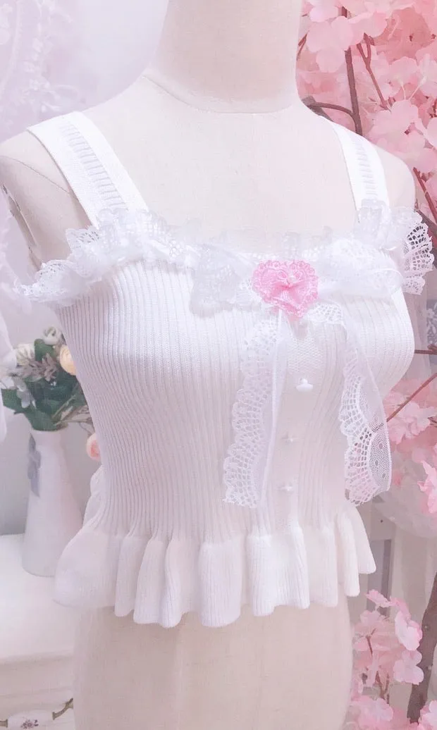 Heart shape white lace ribbon camisole vest