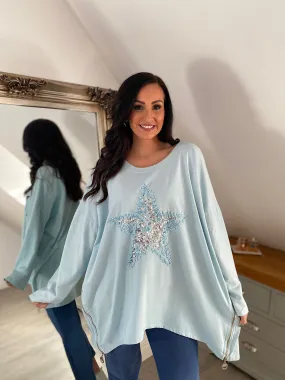 Light Blue Zip Detailed Star Sweat Top Sally