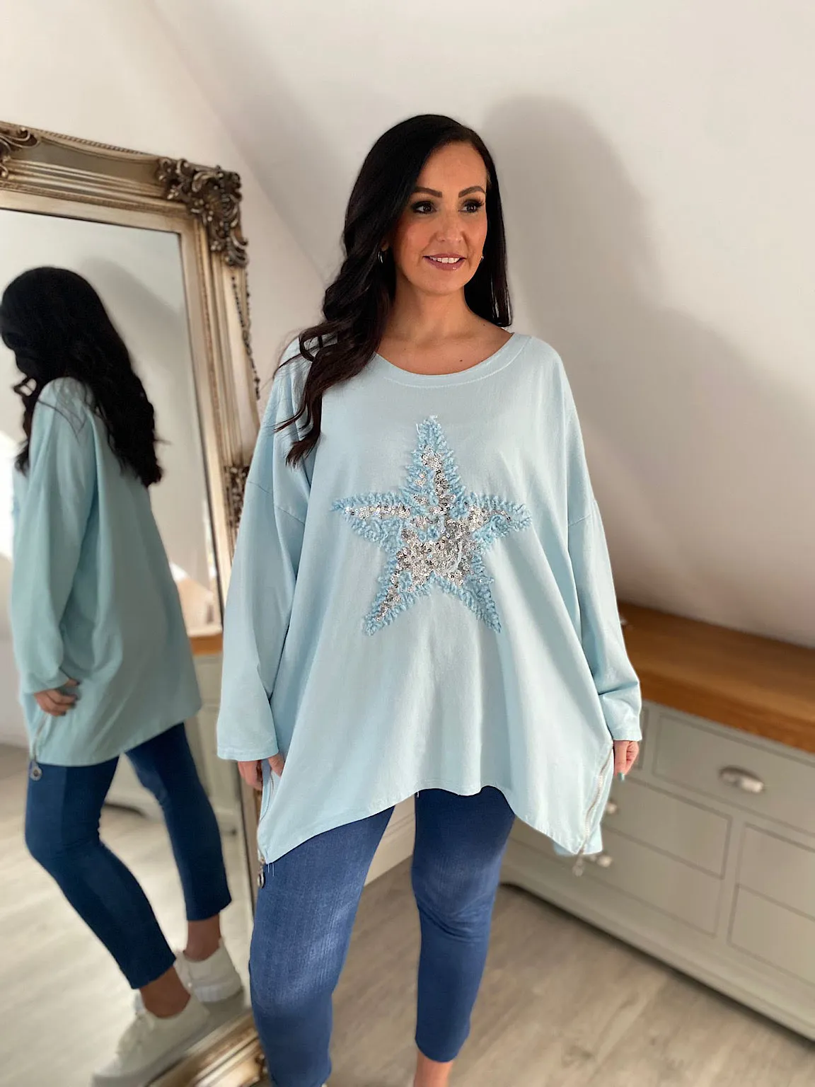 Light Blue Zip Detailed Star Sweat Top Sally