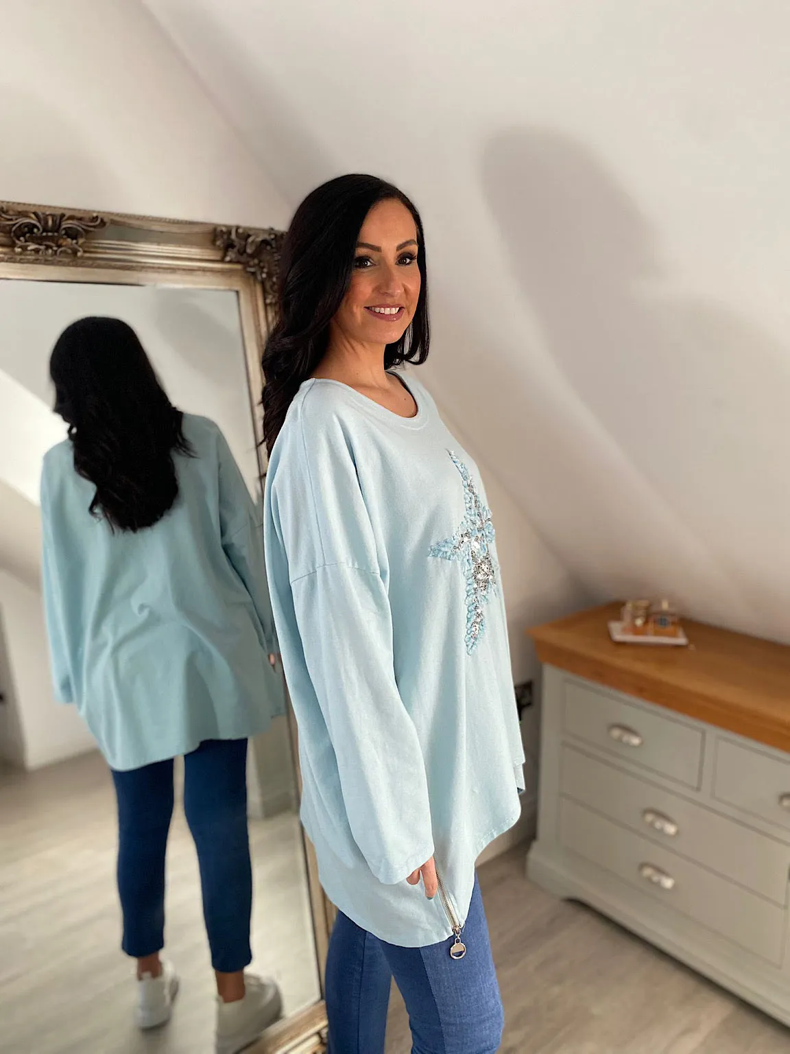 Light Blue Zip Detailed Star Sweat Top Sally