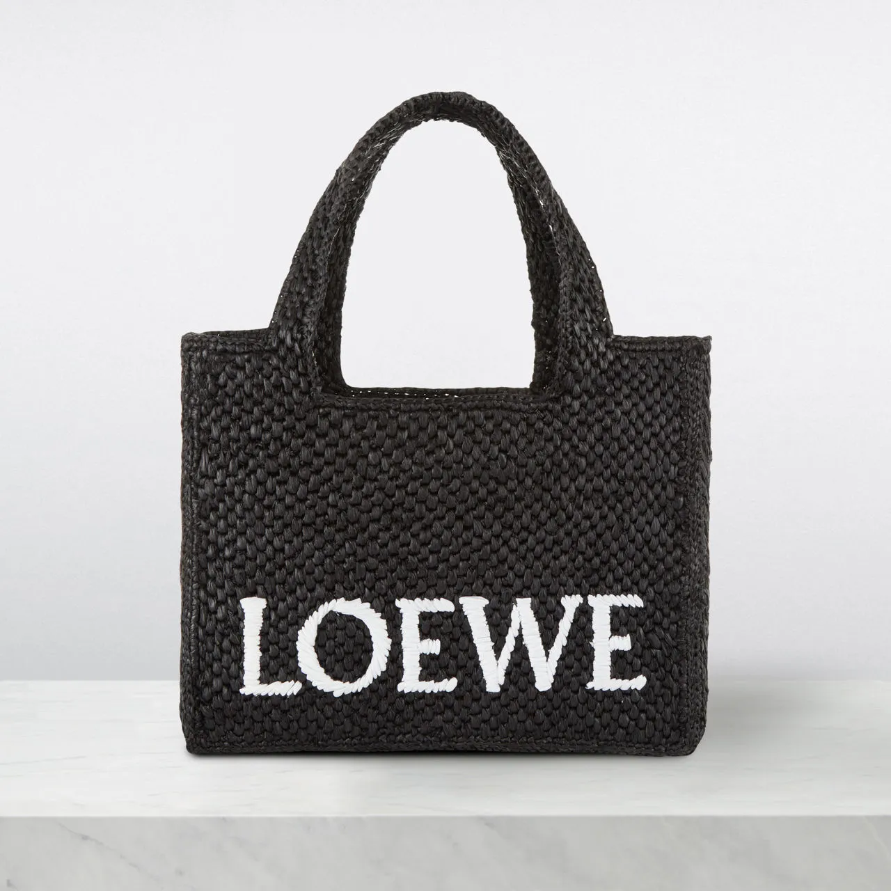 LOEWE PAULAS IBIZA 2024 Logo Font Small Raffia Tote - Black