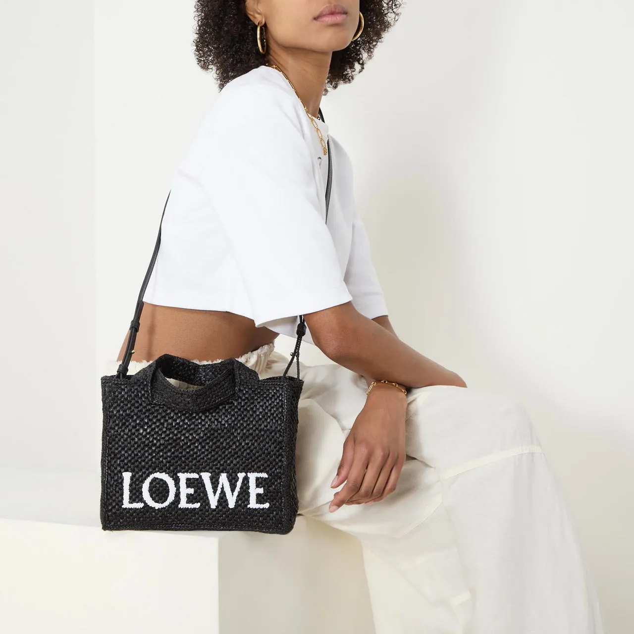 LOEWE PAULAS IBIZA 2024 Logo Font Small Raffia Tote - Black