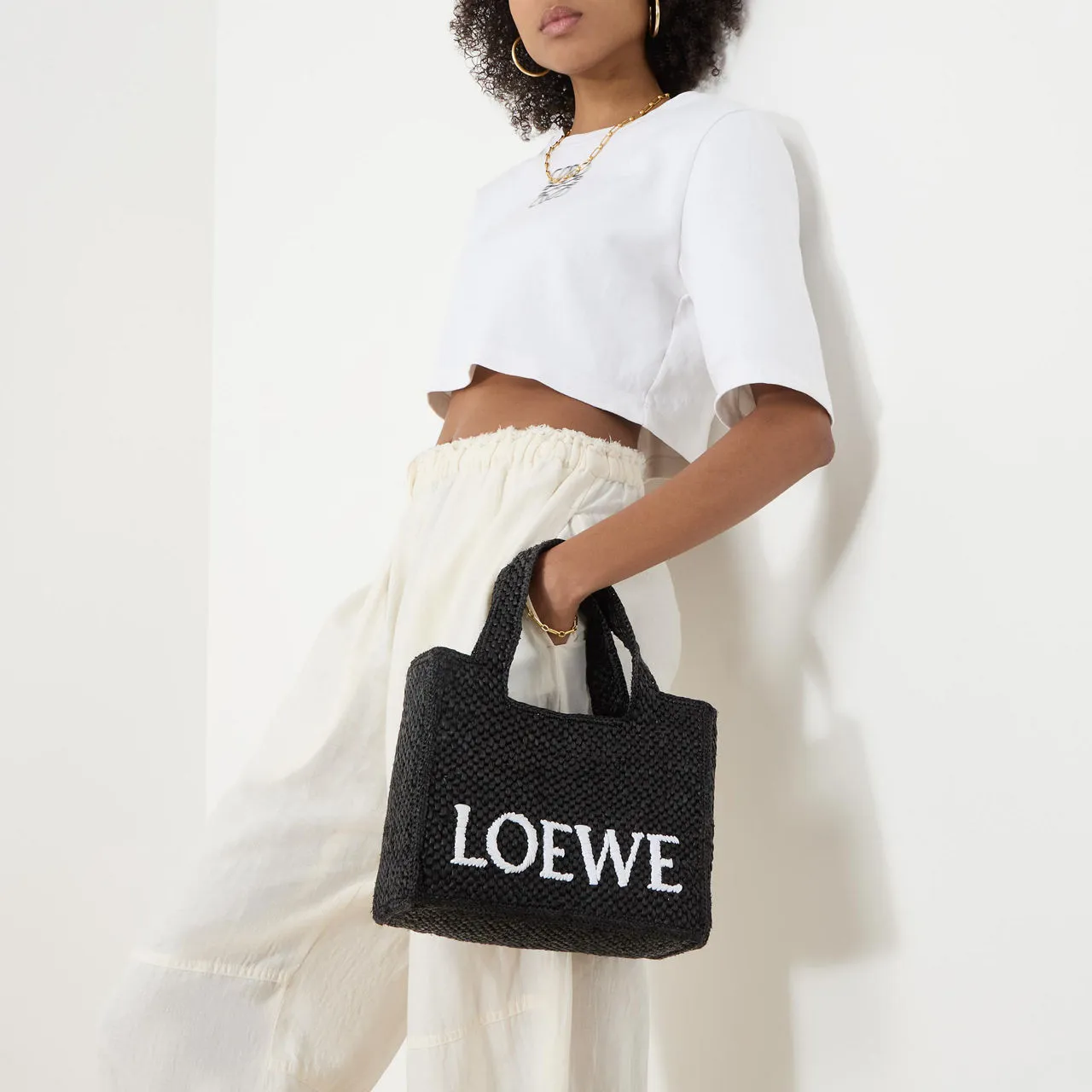 LOEWE PAULAS IBIZA 2024 Logo Font Small Raffia Tote - Black