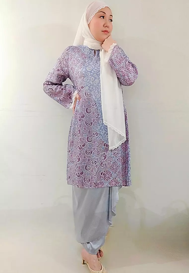 Loveaisyah Loveaisyah Premium Batik Dark Lilac long modern Baju Kurung & Satin pleated wrap Skirt