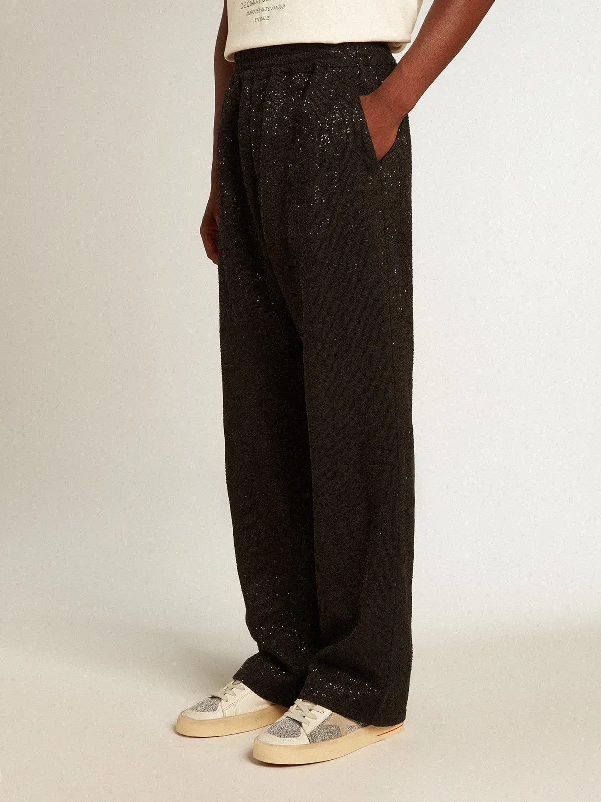 Men’s black joggers in linen blend with sequins