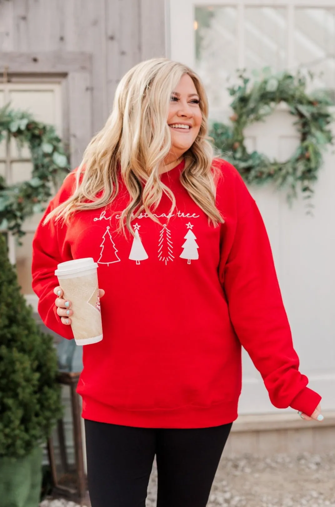 Oh Christmas Tree Graphic Crewneck Pullover- Holiday Red