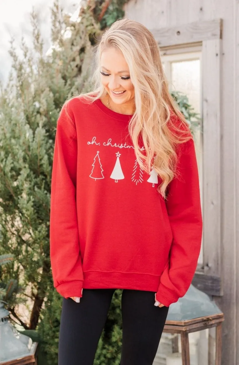 Oh Christmas Tree Graphic Crewneck Pullover- Holiday Red