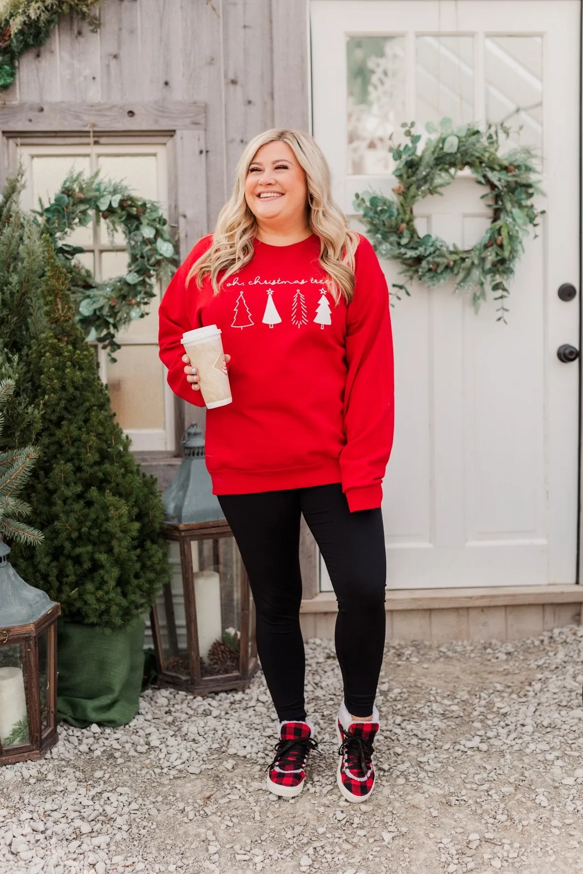 Oh Christmas Tree Graphic Crewneck Pullover- Holiday Red