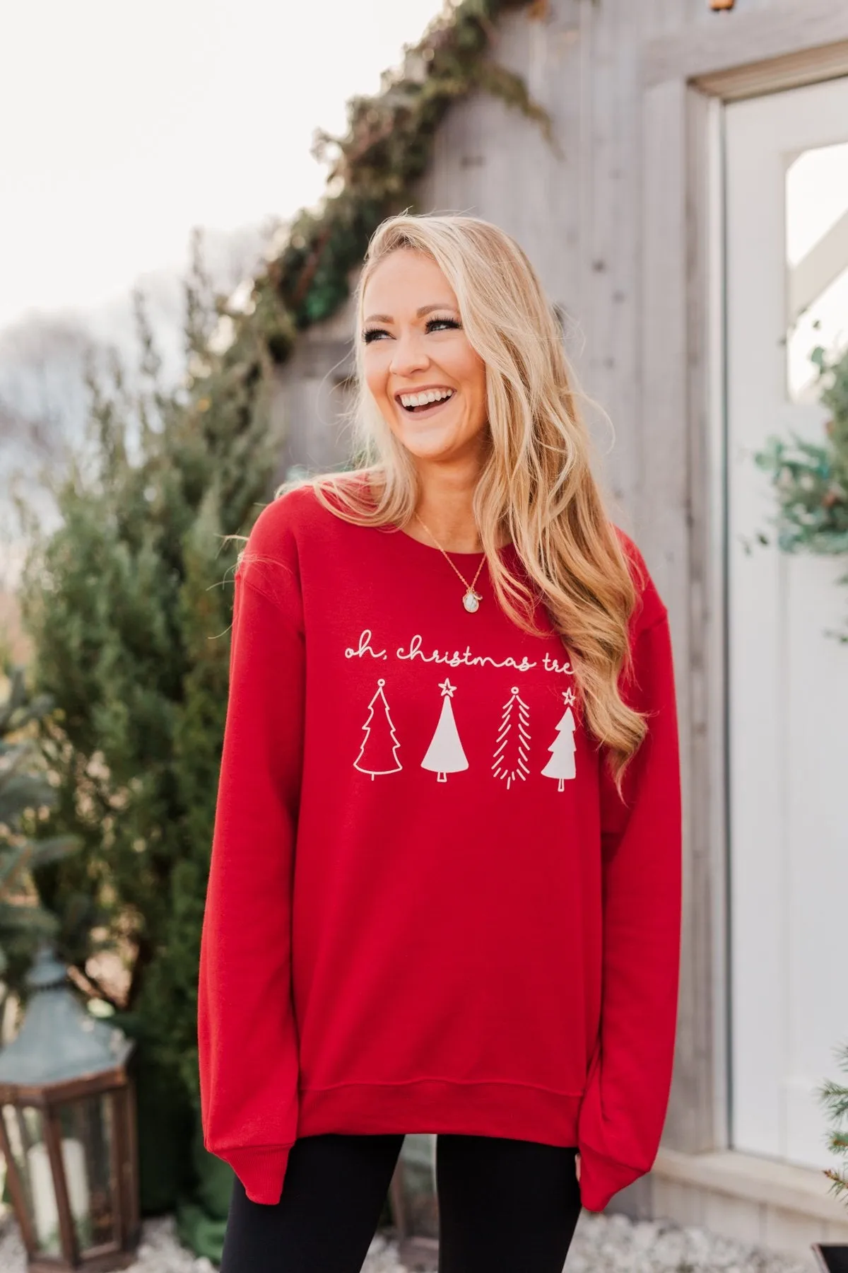 Oh Christmas Tree Graphic Crewneck Pullover- Holiday Red