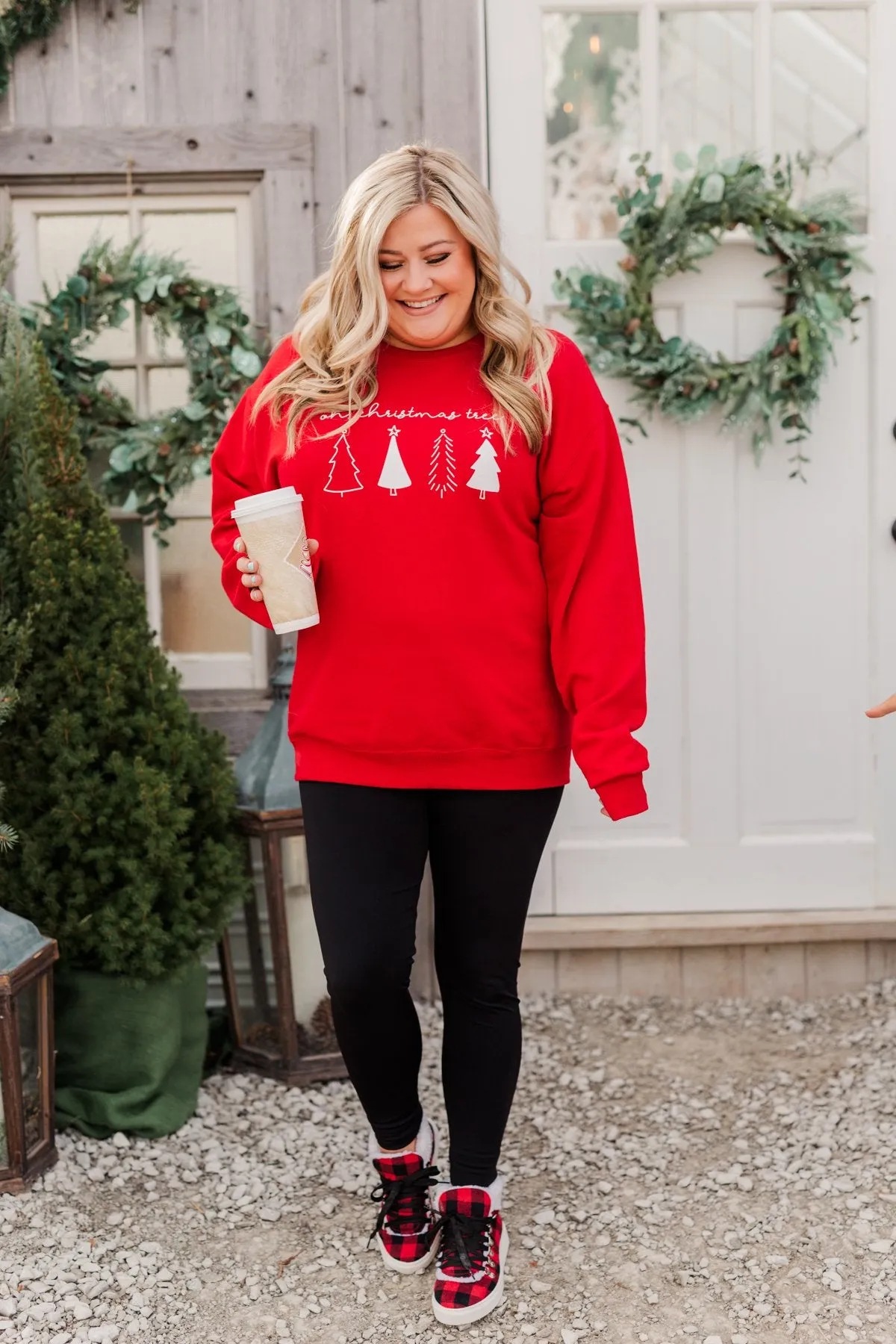 Oh Christmas Tree Graphic Crewneck Pullover- Holiday Red