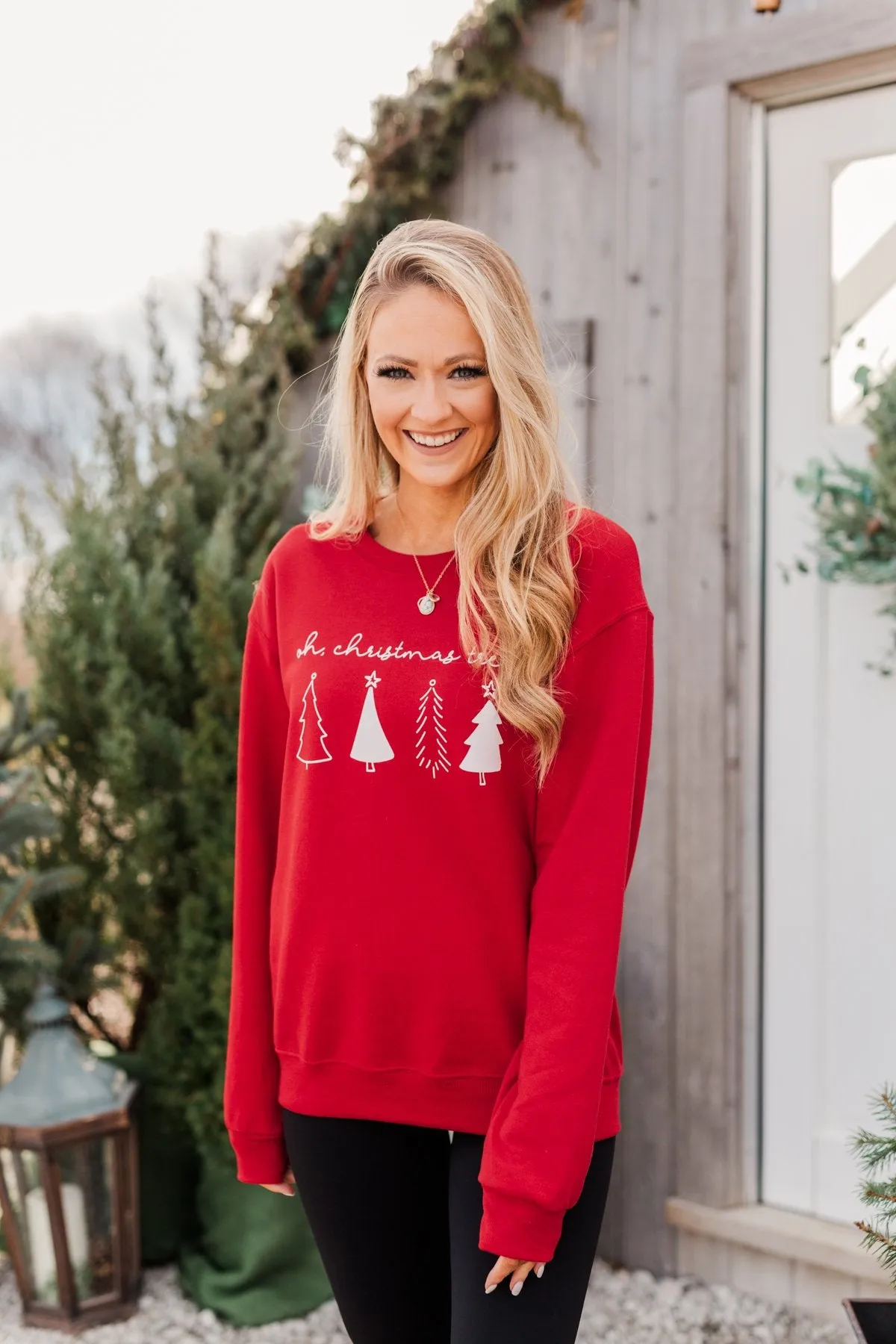 Oh Christmas Tree Graphic Crewneck Pullover- Holiday Red