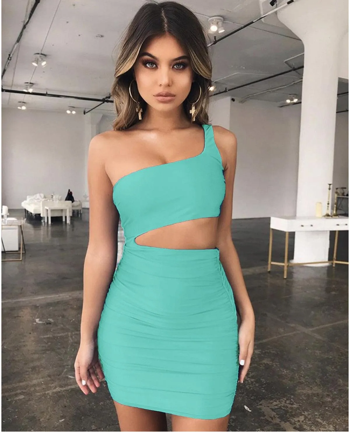 One-shoulder Hollow Bag Hip Dress Sexy Nightclub Solid Color Slim Mini Dress