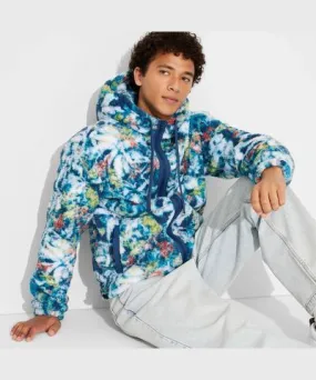 Original Use Men's High Pile Fleece Floral Zip-Up Hooded Sweatshirt