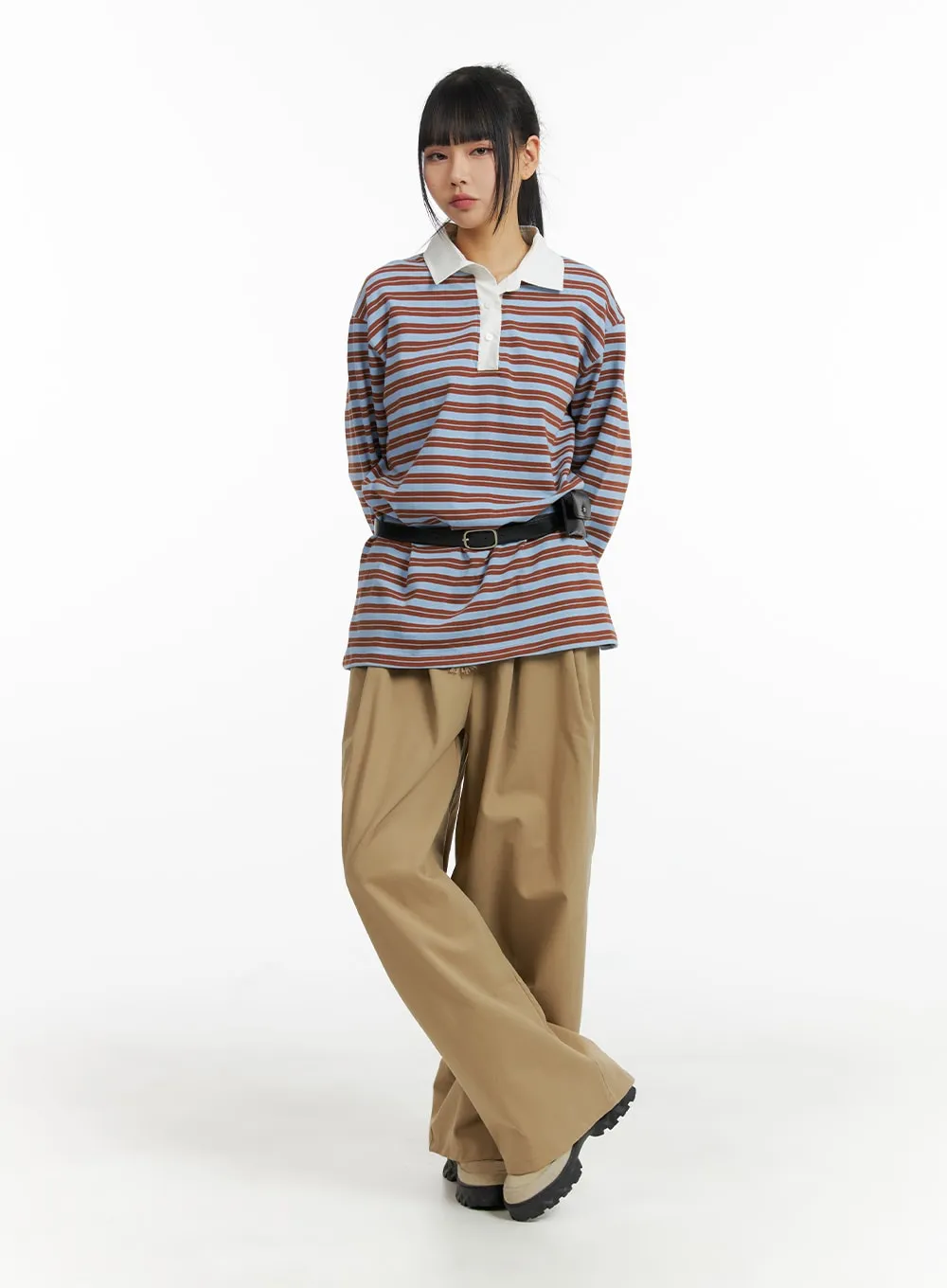 Oversized Collar Stripe Button Long Sleeve Tee CM406