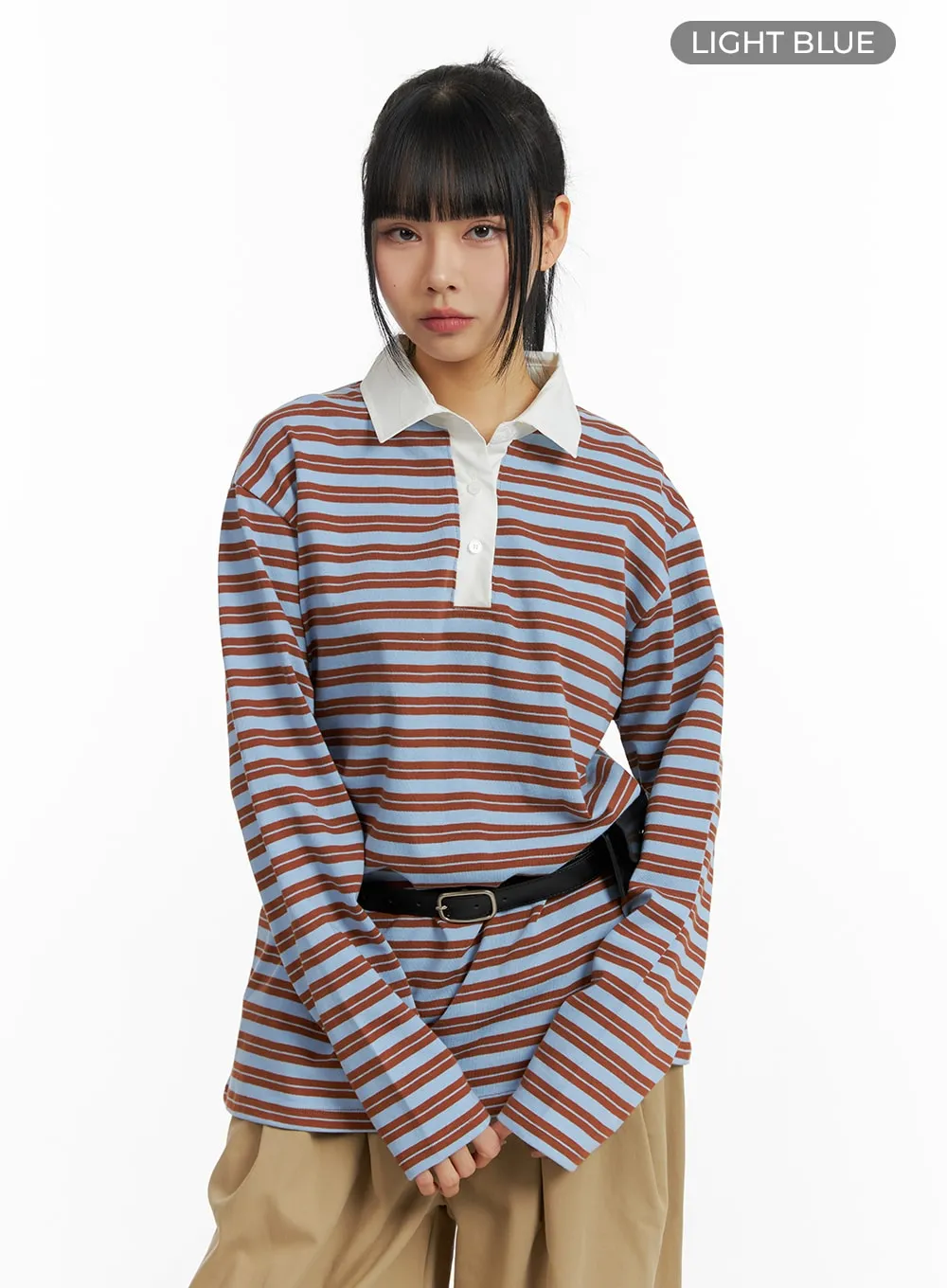 Oversized Collar Stripe Button Long Sleeve Tee CM406