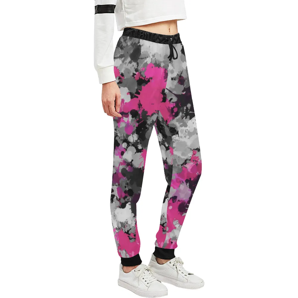 Pink and Grey Paint Splatter Women's All Over Print Jogger Sweatpants