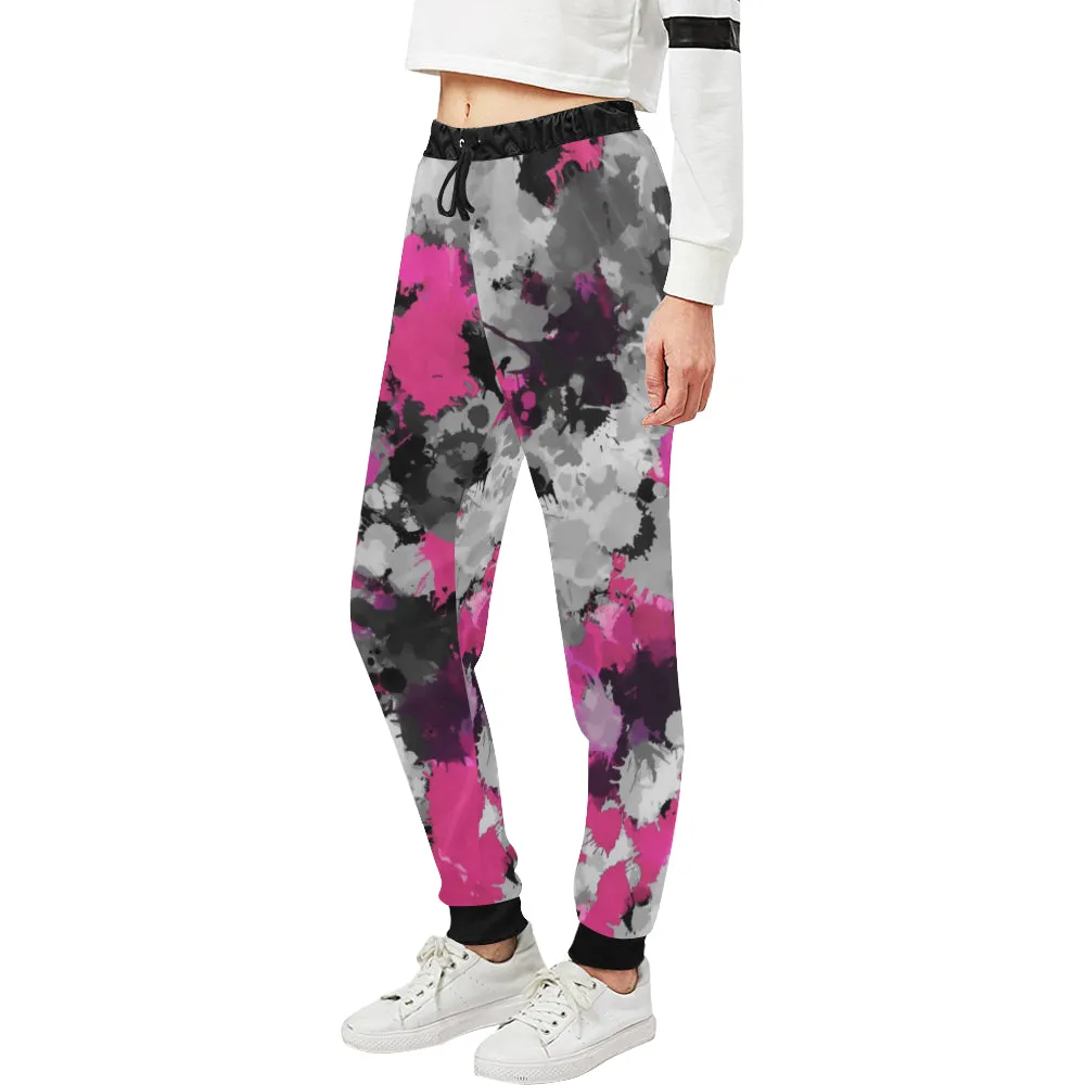 Pink and Grey Paint Splatter Women's All Over Print Jogger Sweatpants