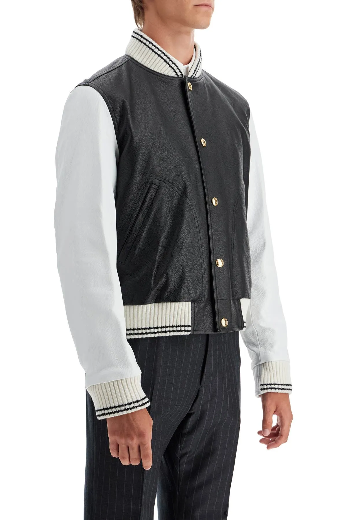 Thom Browne Leather Varsity Bomber Jacket   Black