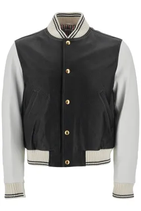 Thom Browne Leather Varsity Bomber Jacket   Black