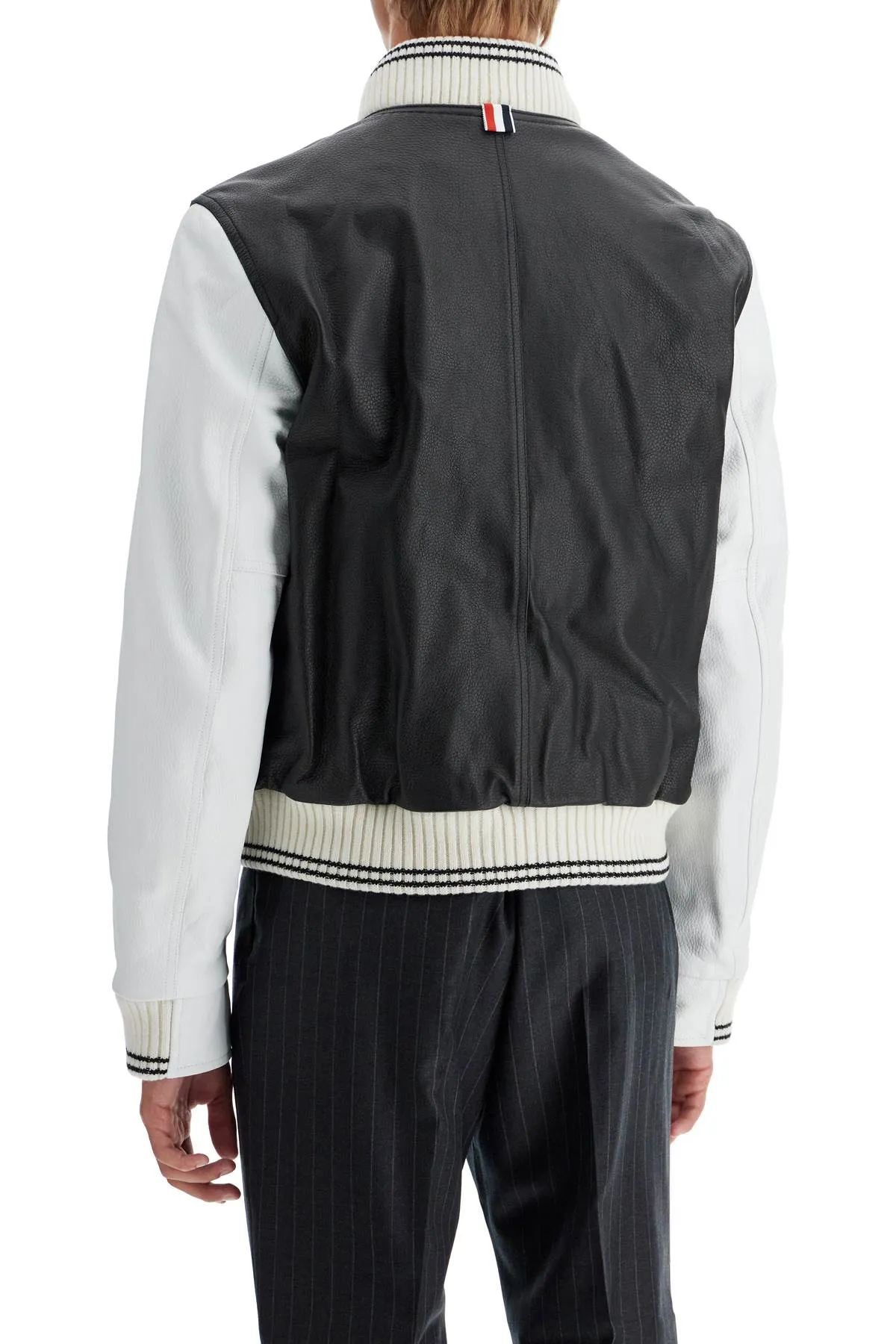 Thom Browne Leather Varsity Bomber Jacket   Black