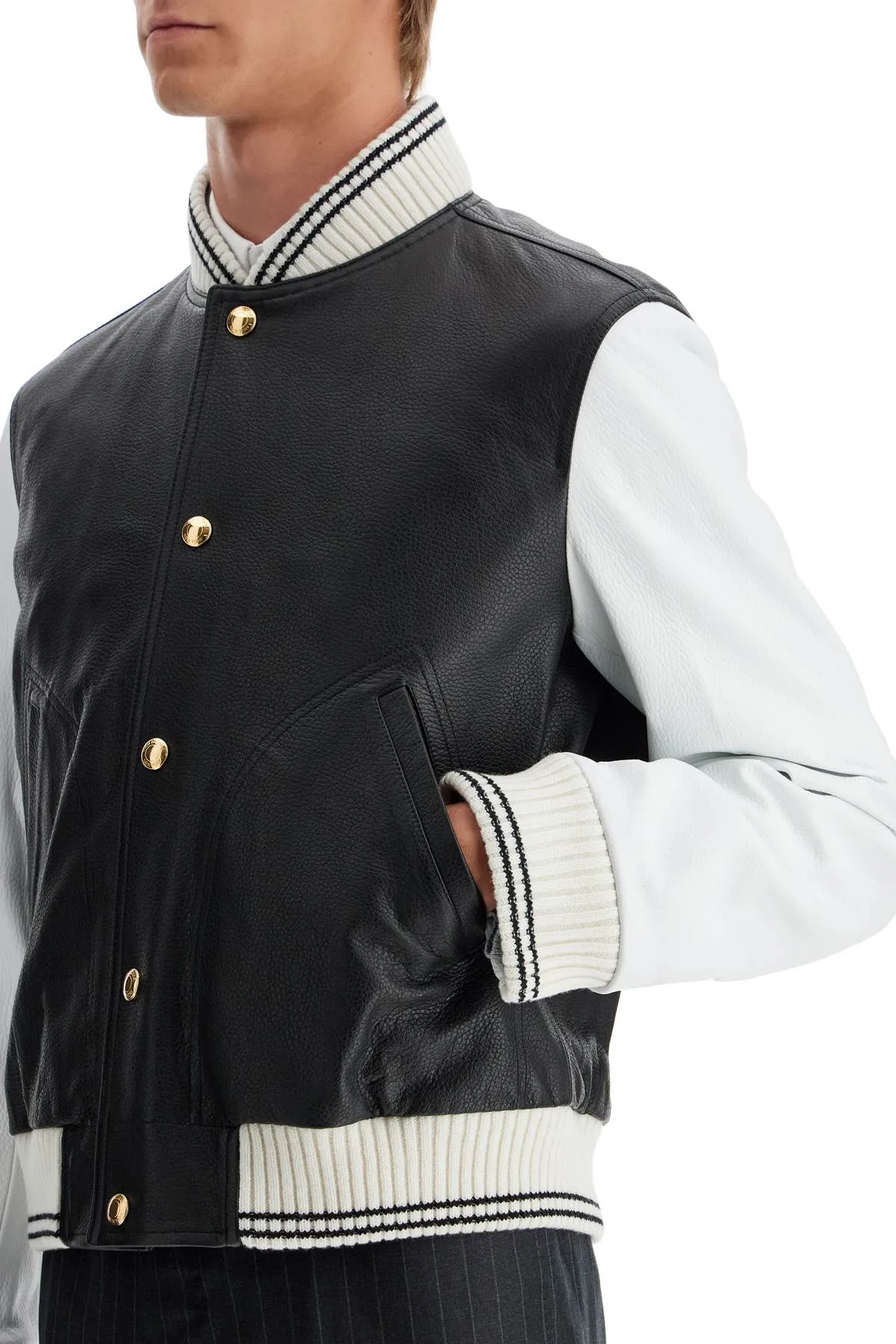 Thom Browne Leather Varsity Bomber Jacket   Black