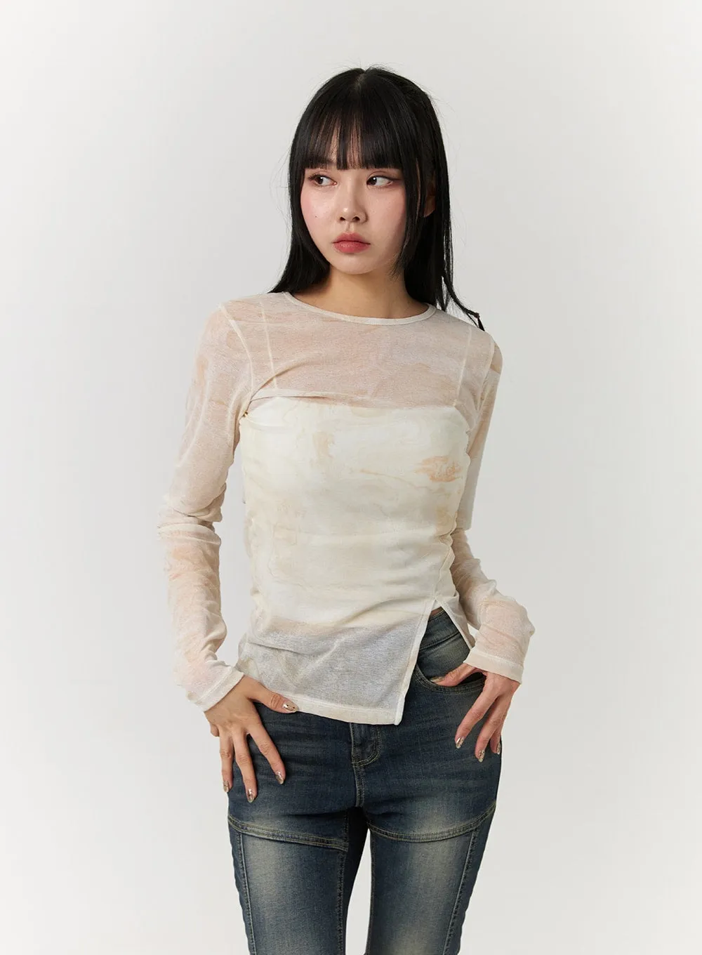 Unbalanced Slit Sheer Long Sleeve Tee CJ405