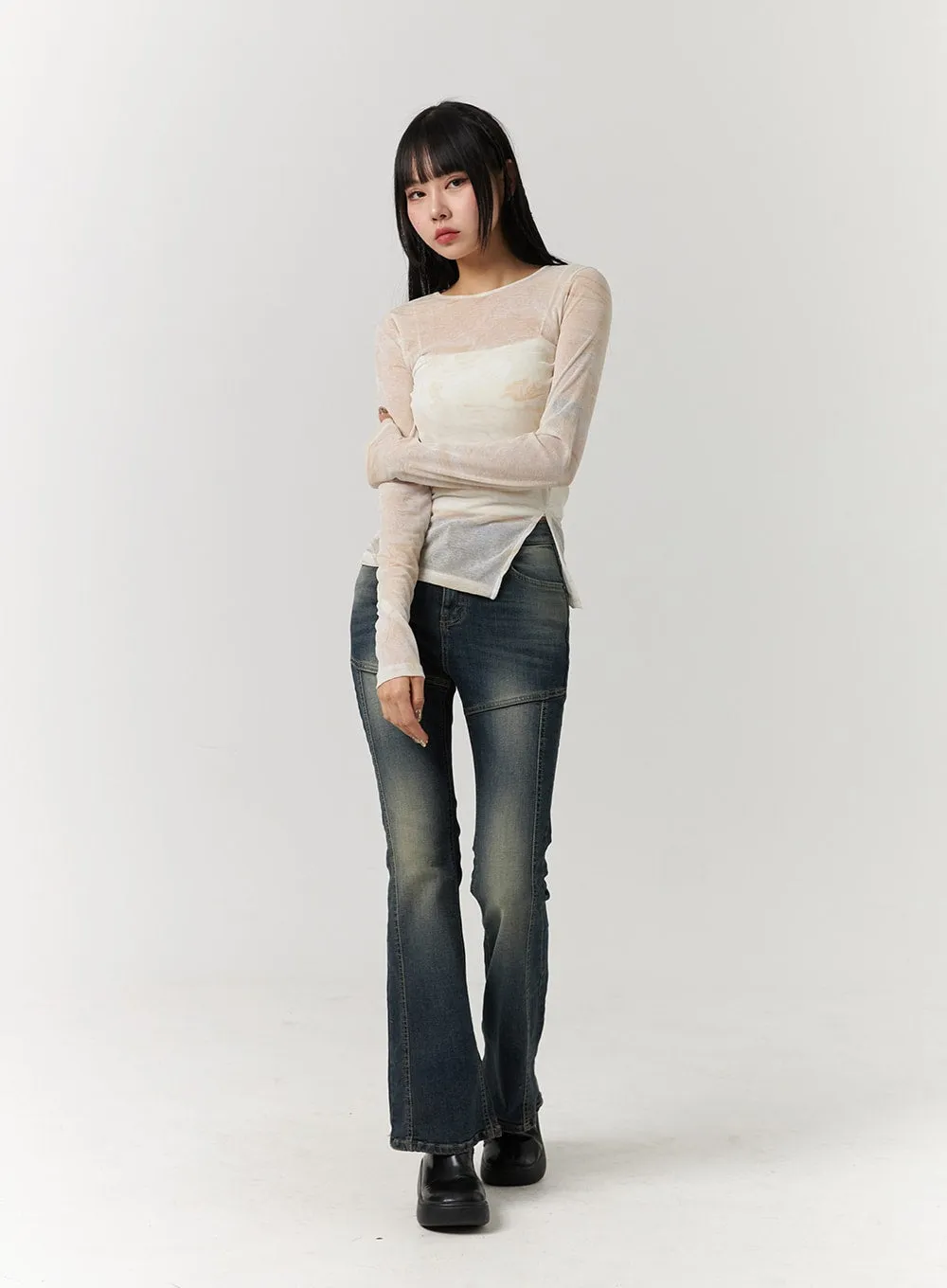 Unbalanced Slit Sheer Long Sleeve Tee CJ405