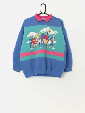 Vintage 80s ski theme collared sweatshirt in blue and pink – Medium / Large