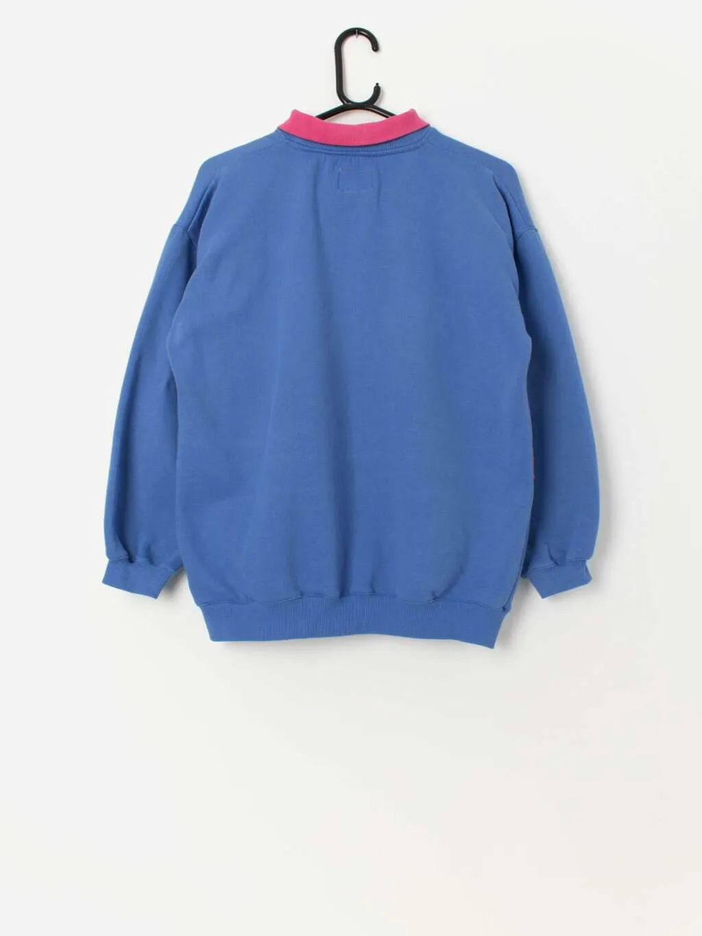 Vintage 80s ski theme collared sweatshirt in blue and pink – Medium / Large