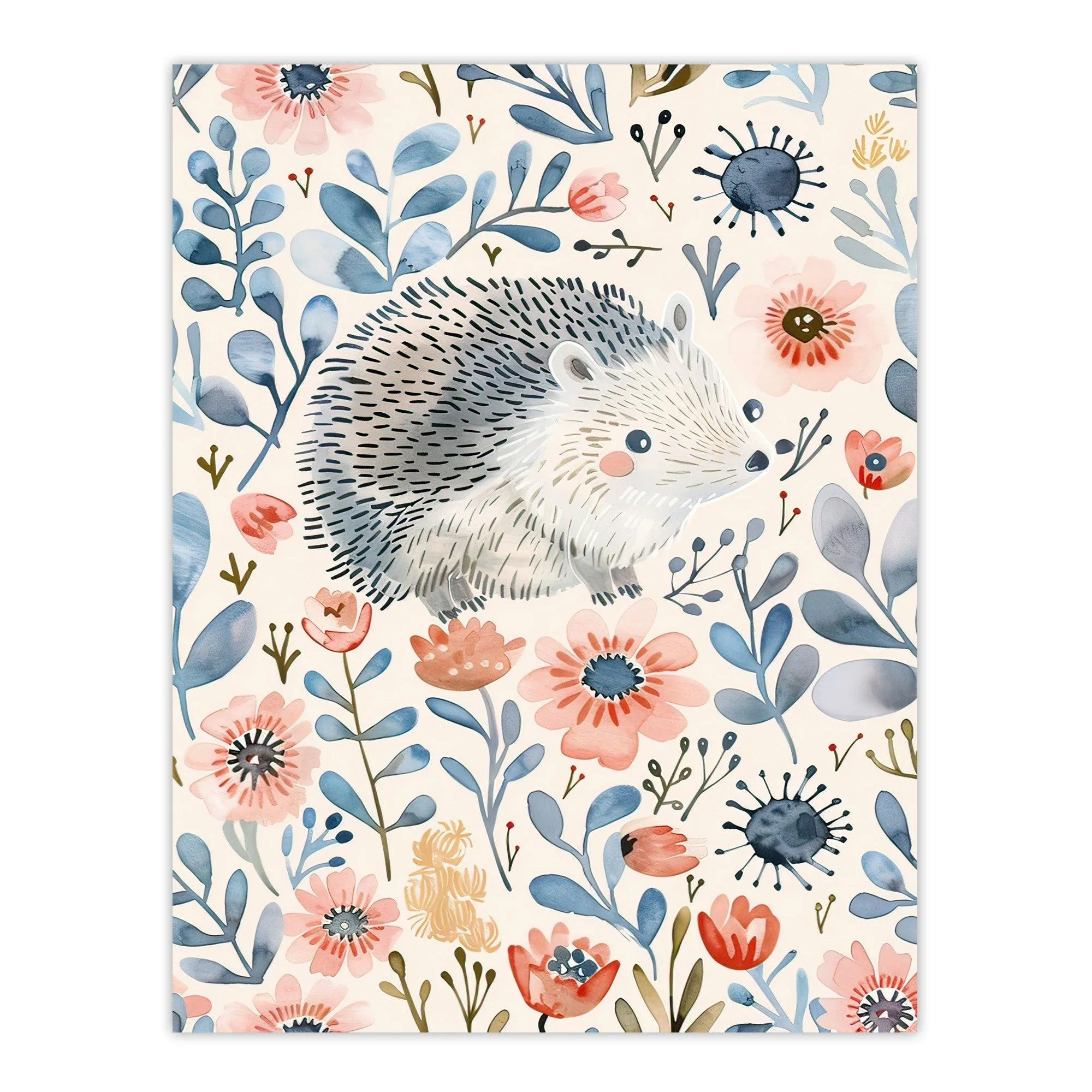 Wall Art & Pictures | Cute Hedgehog with Blue Pink Flowers Watercolour Wall Art Print | Artery8