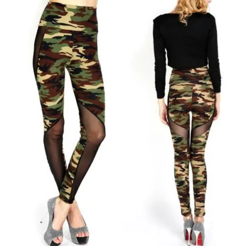 Women Sexy Mesh Camouflage Leggings High Waist Patchwork Stretchy Slim Army Camo Leggings Leggings SM6