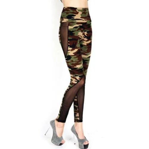 Women Sexy Mesh Camouflage Leggings High Waist Patchwork Stretchy Slim Army Camo Leggings Leggings SM6