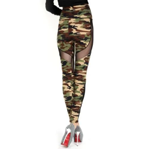 Women Sexy Mesh Camouflage Leggings High Waist Patchwork Stretchy Slim Army Camo Leggings Leggings SM6